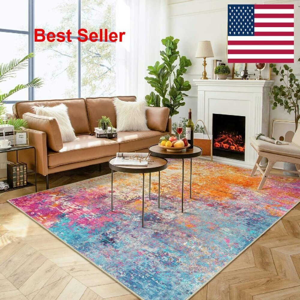 Modern Abstract Area Rug Washable Non Slip Low Pile Soft Indoor Accent
